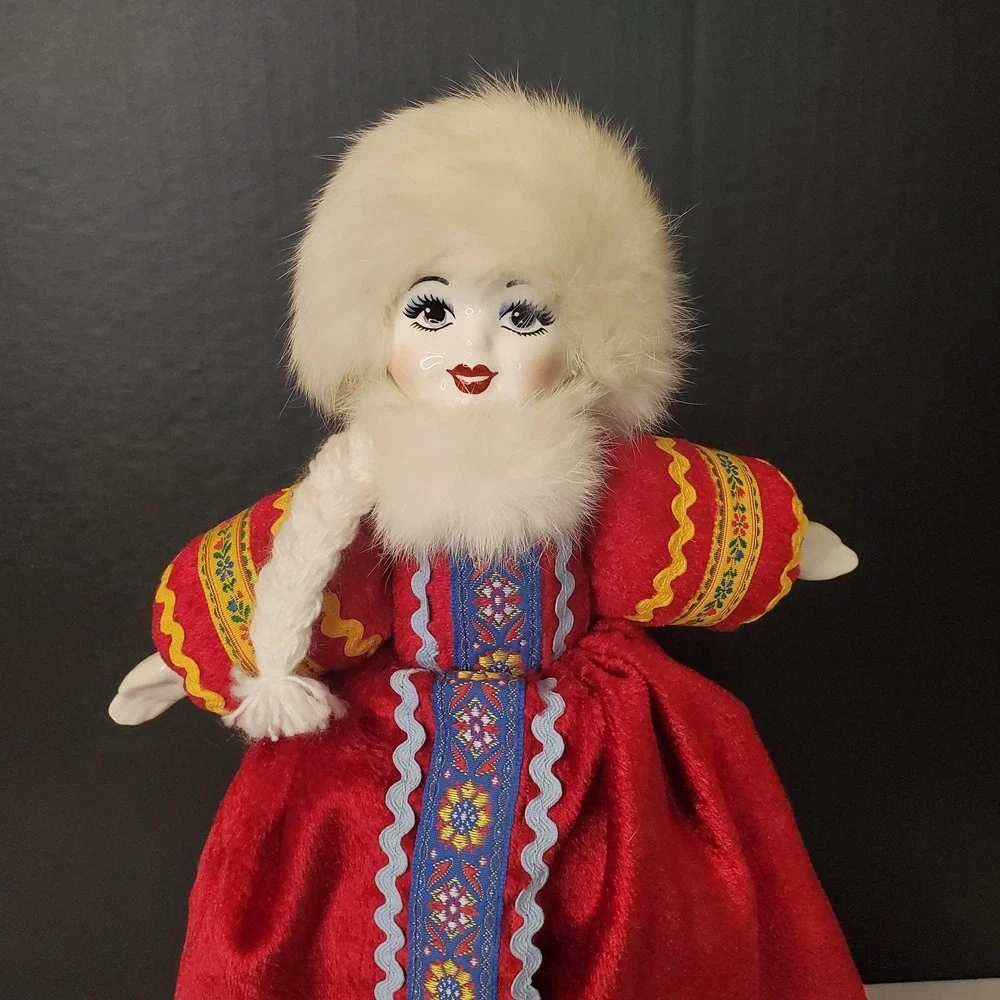 Russian Folk Costume Doll Porcelain Face Hands Feet Red Velvet Dress Fur Hat 16